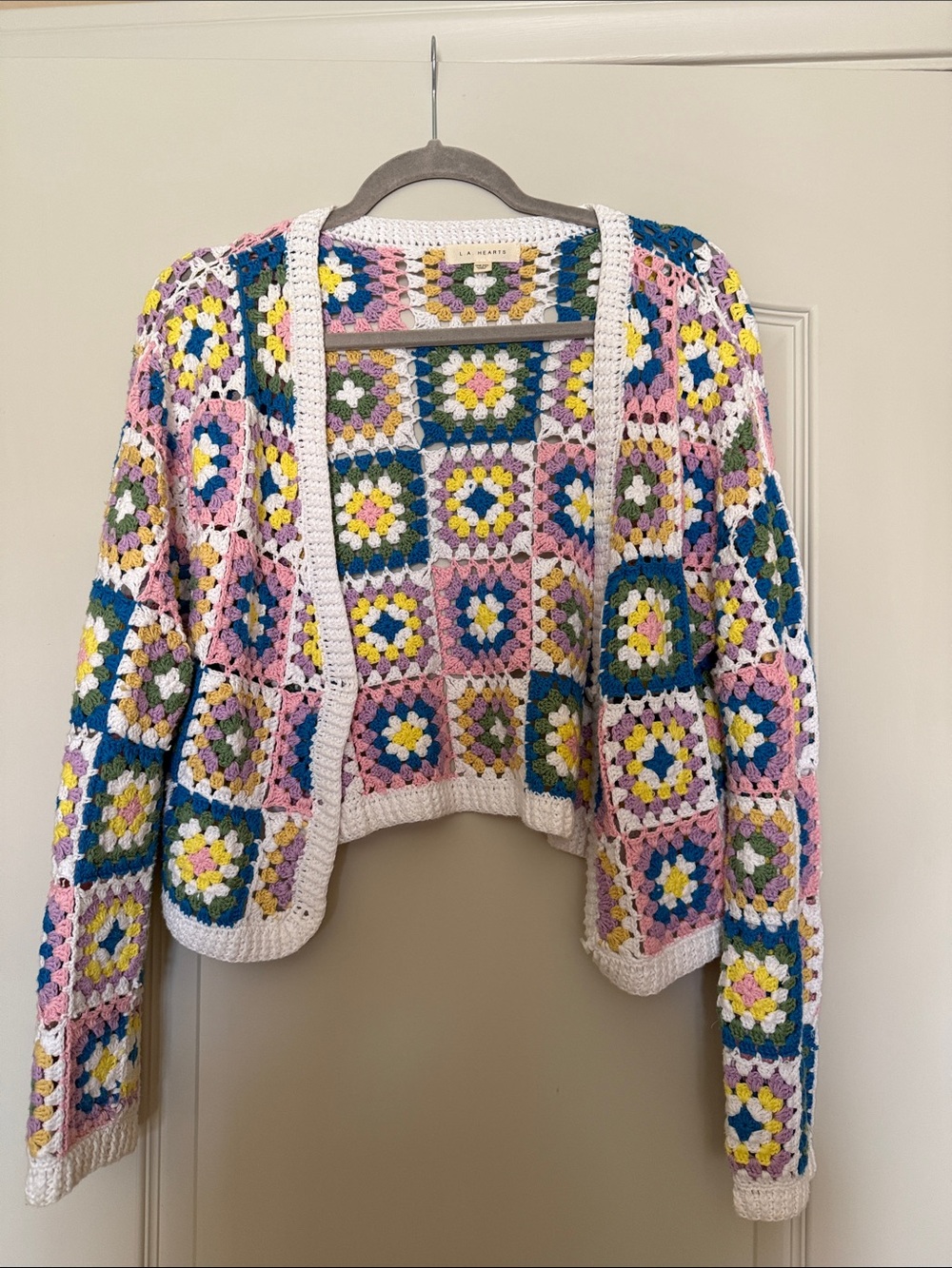 La Hearts Crochet Granny Square Cardigan in Pink, Blue and Yellow